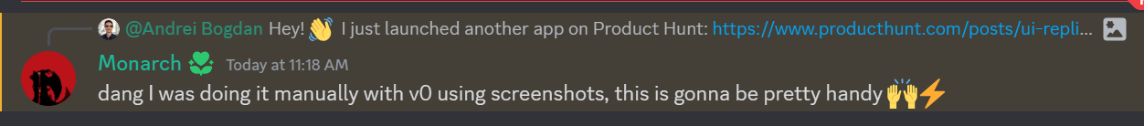 Positive comment For UI Replicator from a Developer on Product Hunt