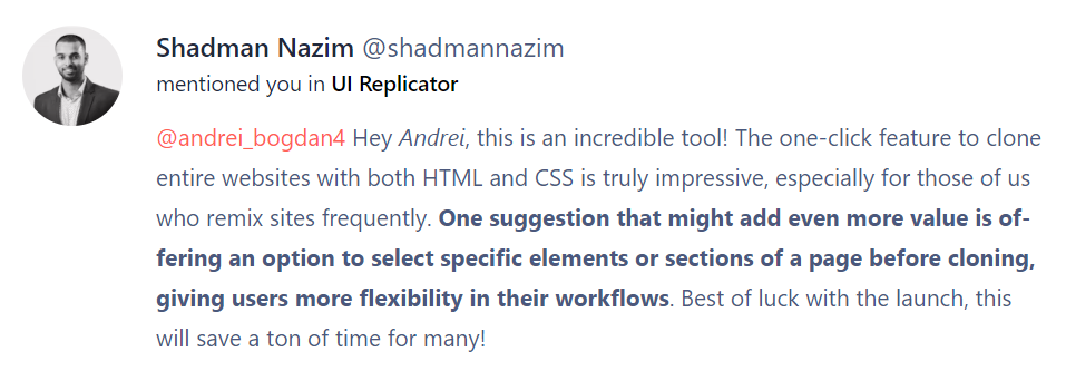 Positive comment For UI Replicator from a Developer on Product Hunt