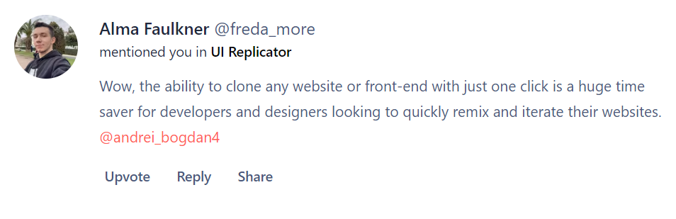 Positive comment For UI Replicator from a Developer on Product Hunt